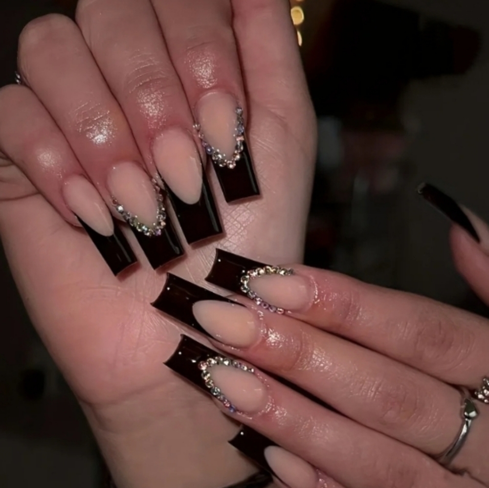 🔥3/$21 Nude with Black French tip & Rhinestones Long Square Press on nails